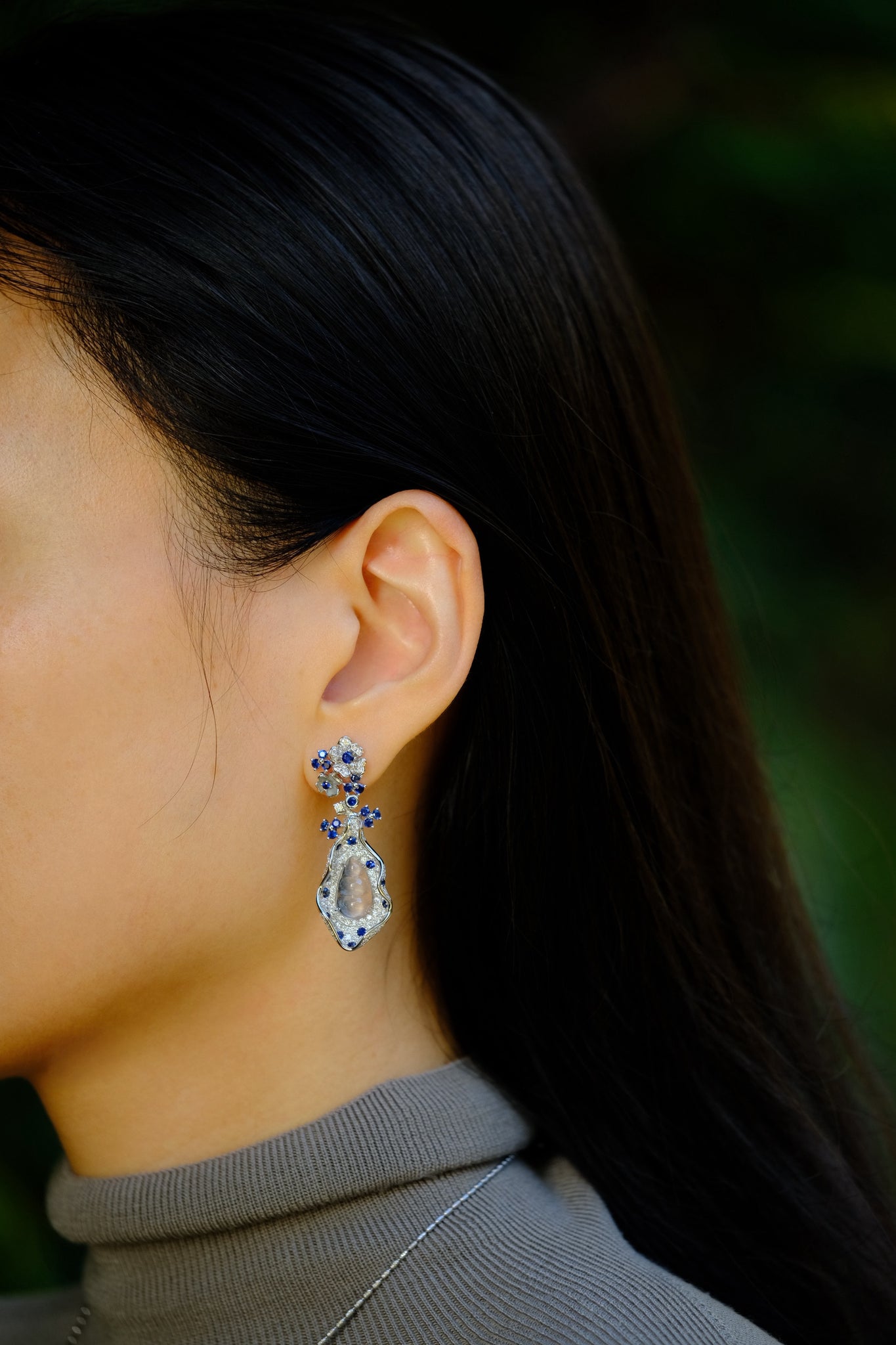 Nuits D'été | Jade & Diamond & Sapphire & Mother of Pearl Earrings in 18K White Gold