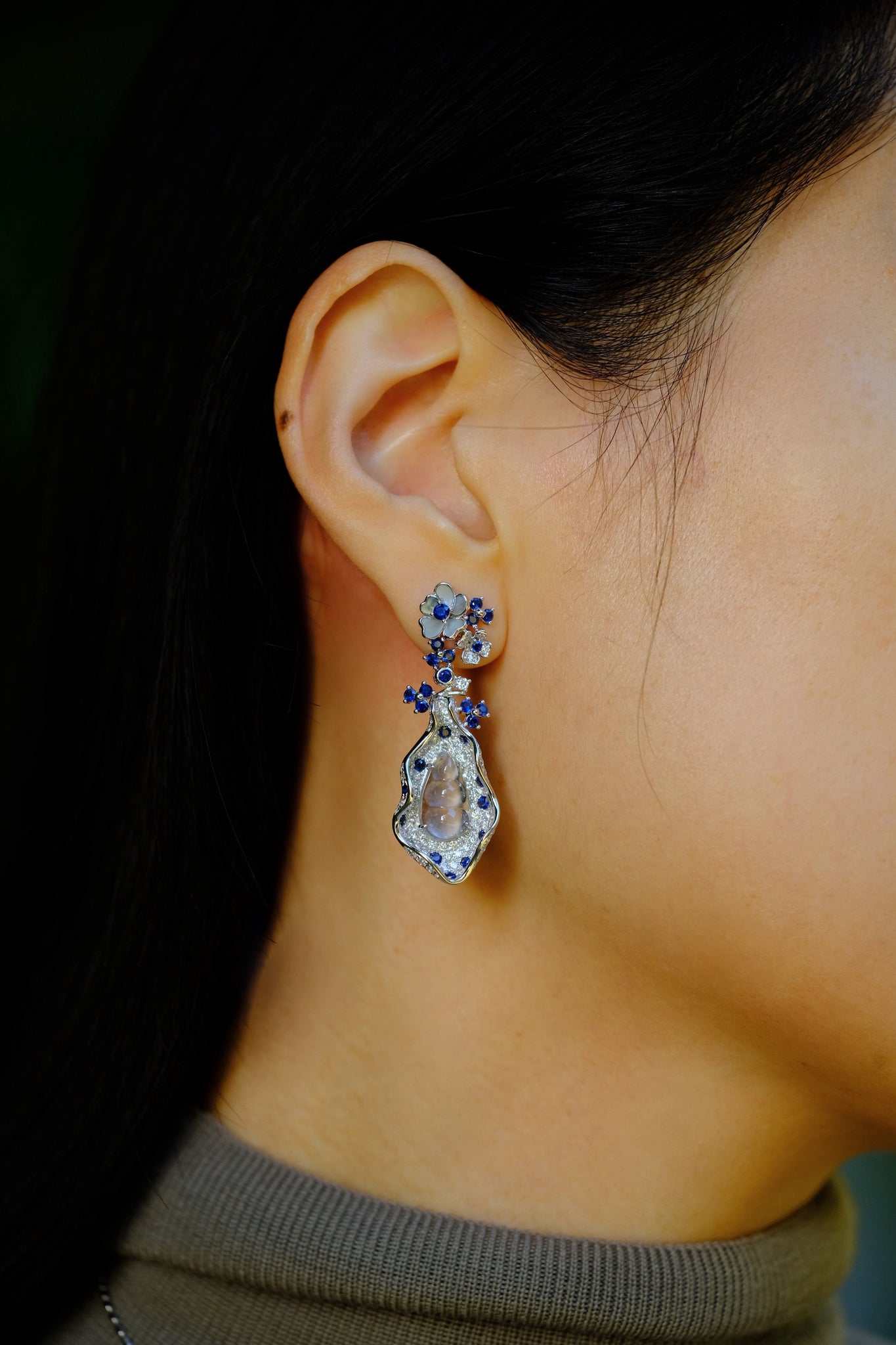 Nuits D'été | Jade & Diamond & Sapphire & Mother of Pearl Earrings in 18K White Gold