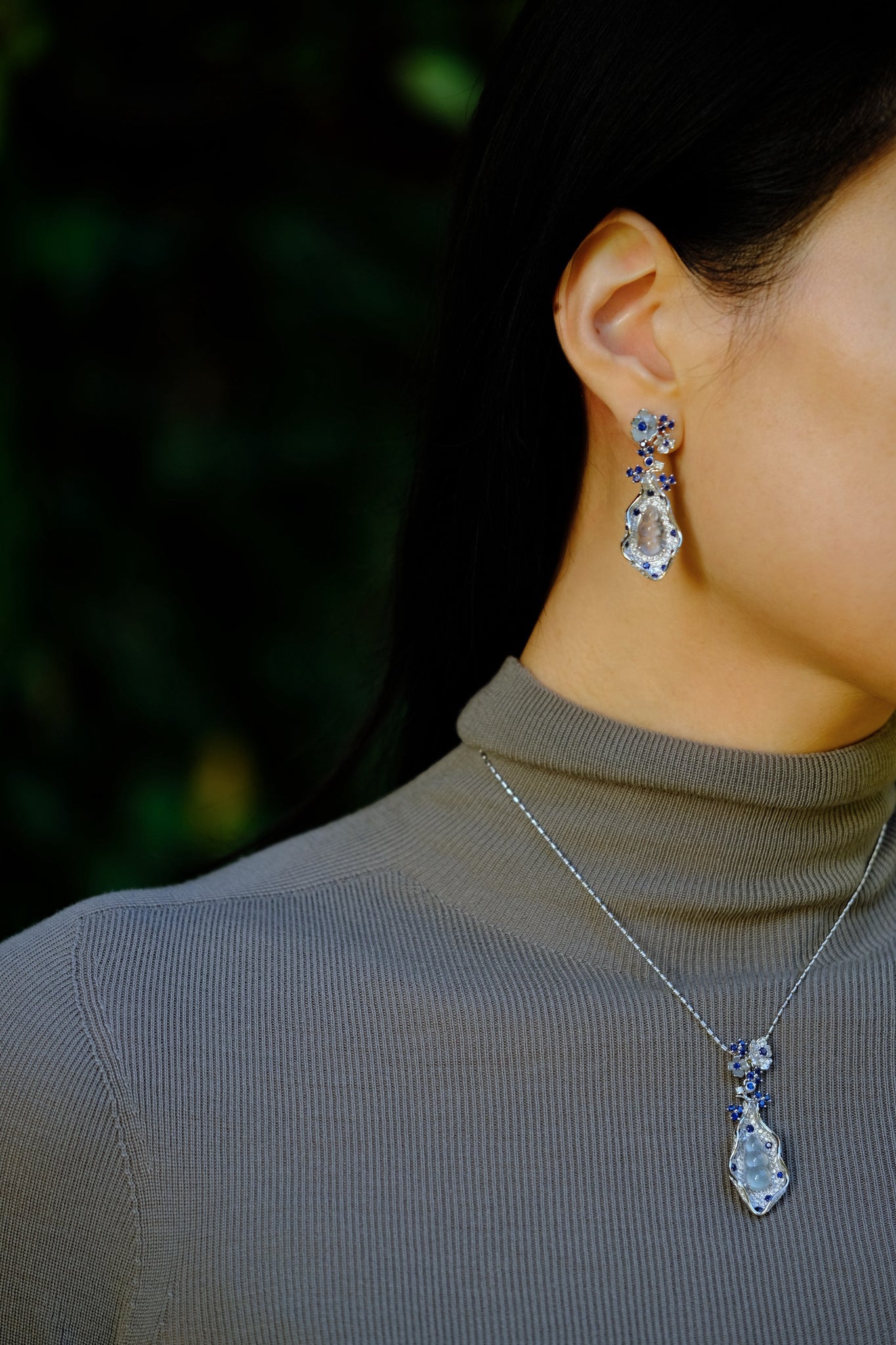 Nuits D'été | Jade & Diamond & Sapphire & Mother of Pearl Earrings in 18K White Gold